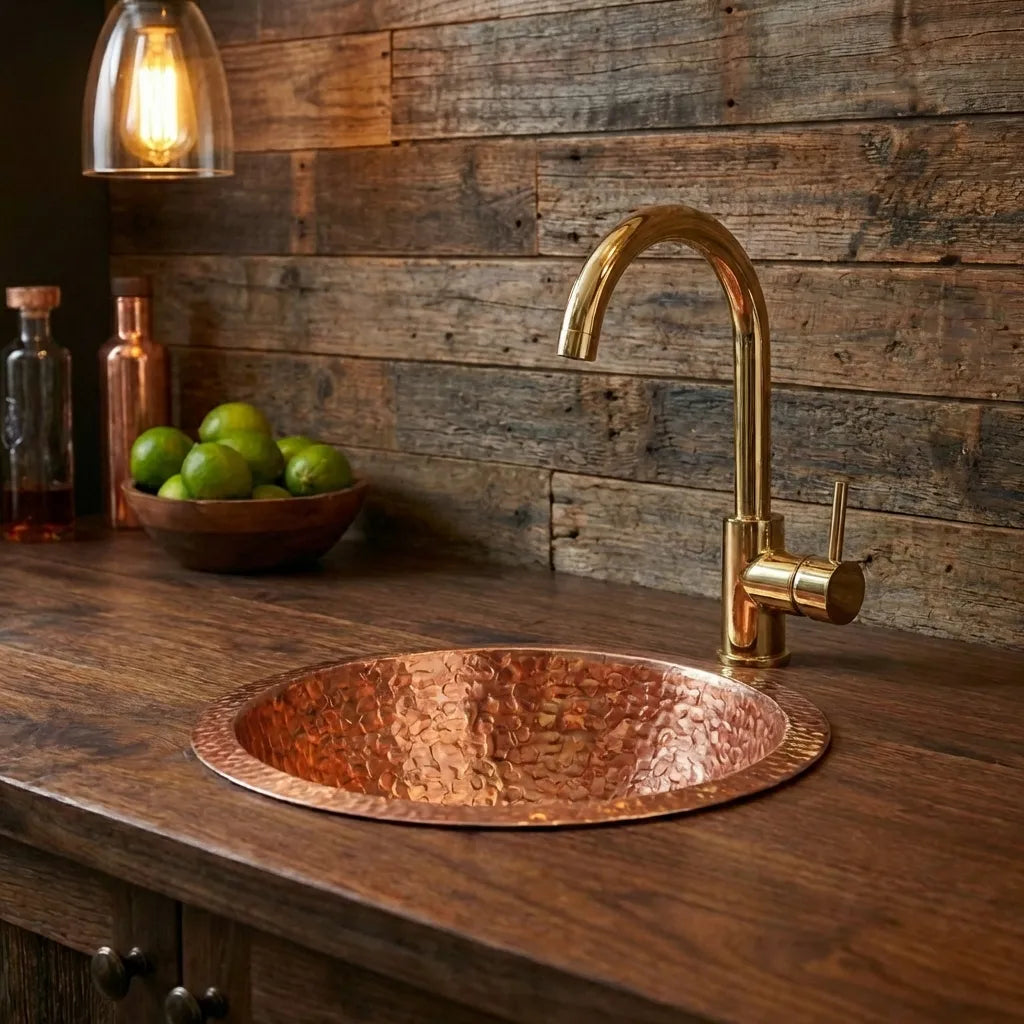Copper Round Bar Sink, Hammered Copper Round Drum Bar Sink Including Drain