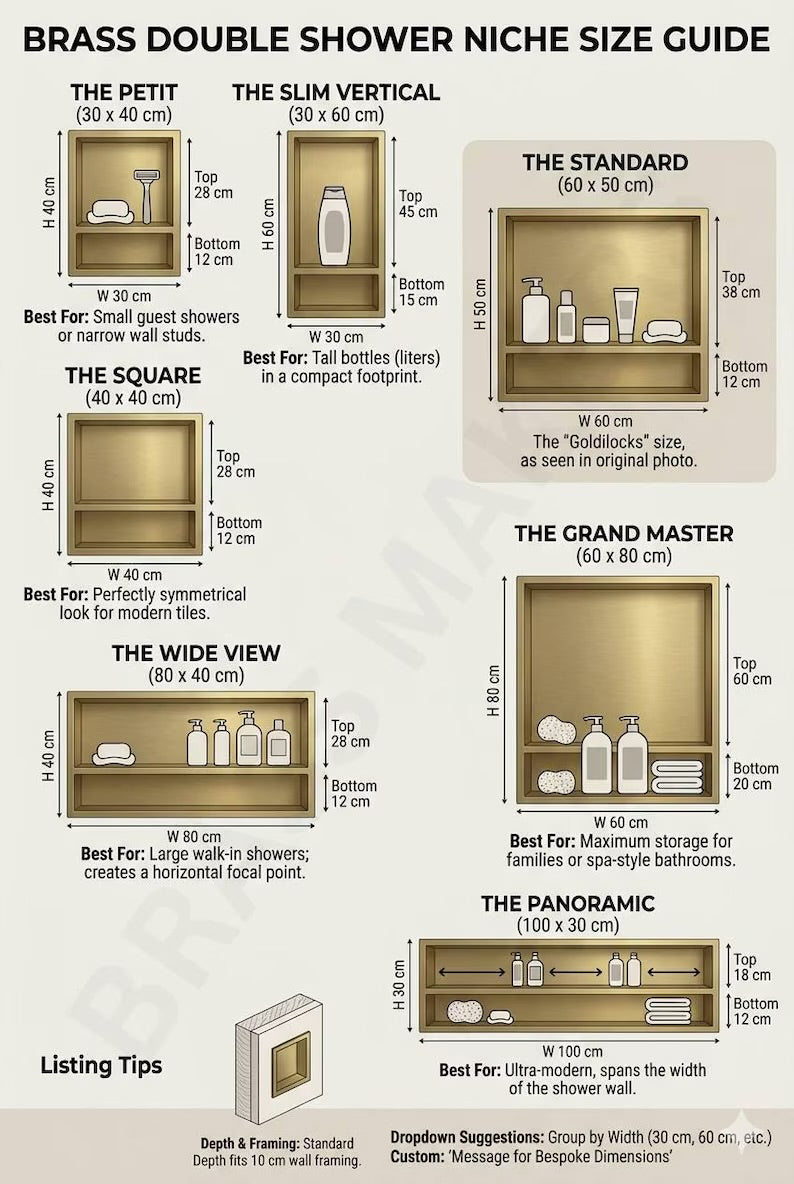 Unlacquered Solid Brass Shower Niche β Handmade Bathroom Shelf Double Shelves Niche