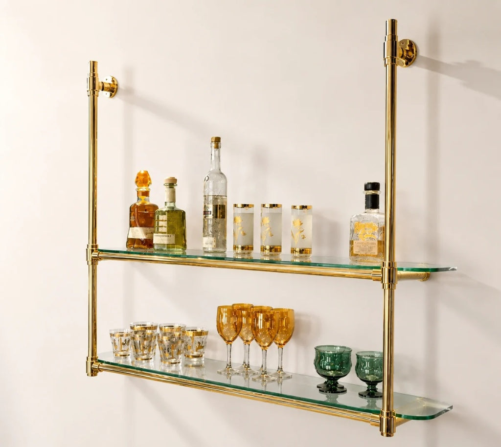 Wall Mounted Solid Brass Bistro Shelving with Glass | 60" W × 40" H × 12" D