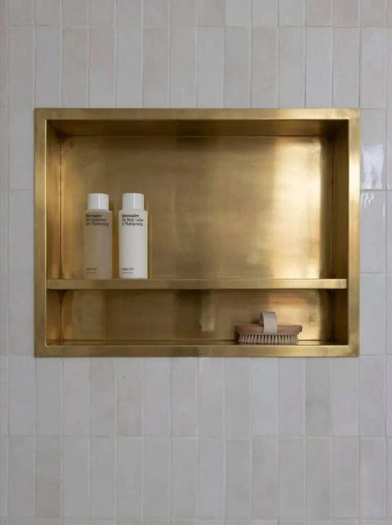 Unlacquered Solid Brass Shower Niche β Handmade Bathroom Shelf Double Shelves Niche