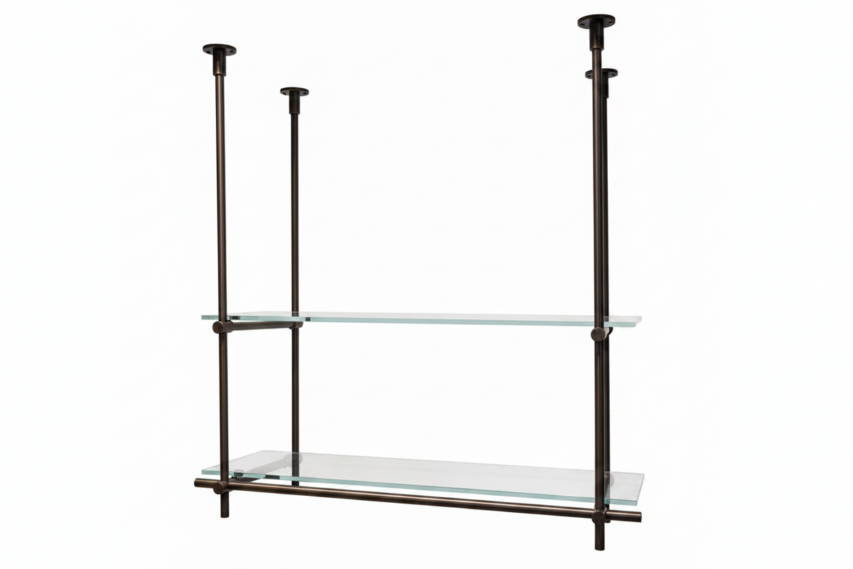 Ceiling Only Mounted Brass Shelving With Glass, 40 inches x 50 inches x 10 inches