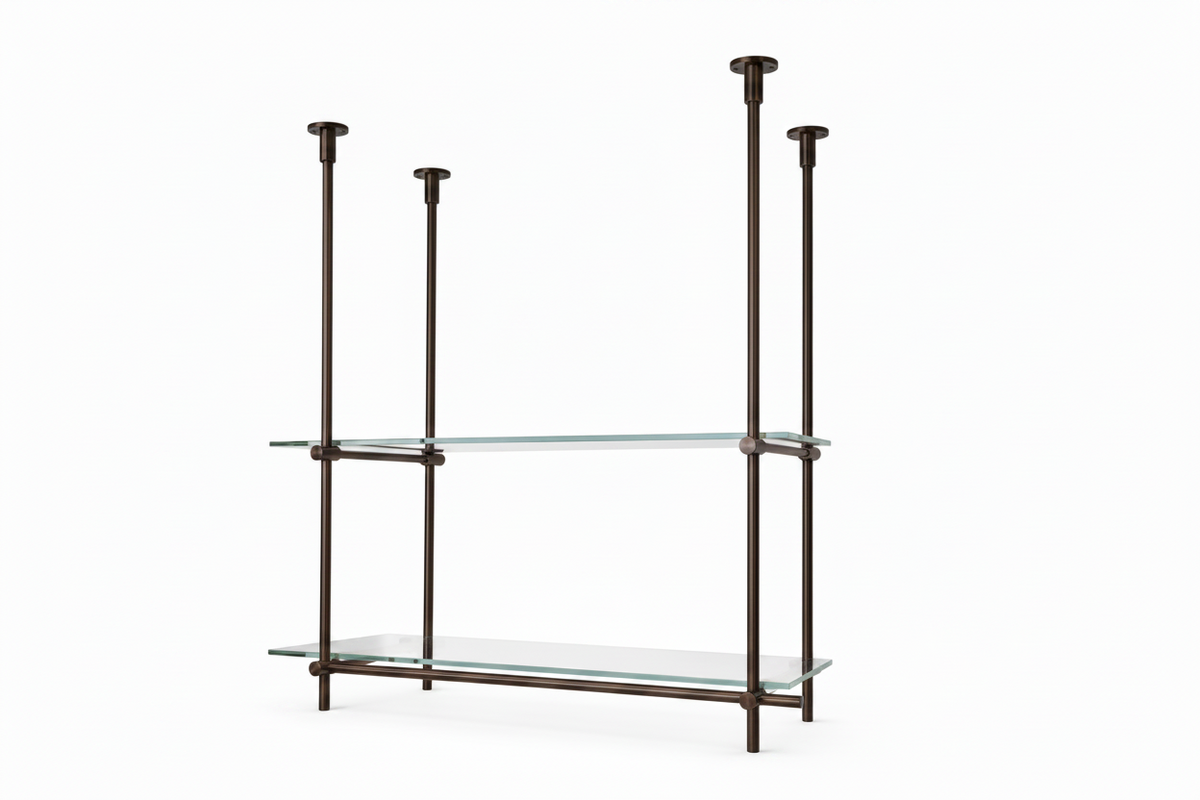 Ceiling Only Mounted Brass Shelving With Glass, 40 inches x 50 inches x 10 inches