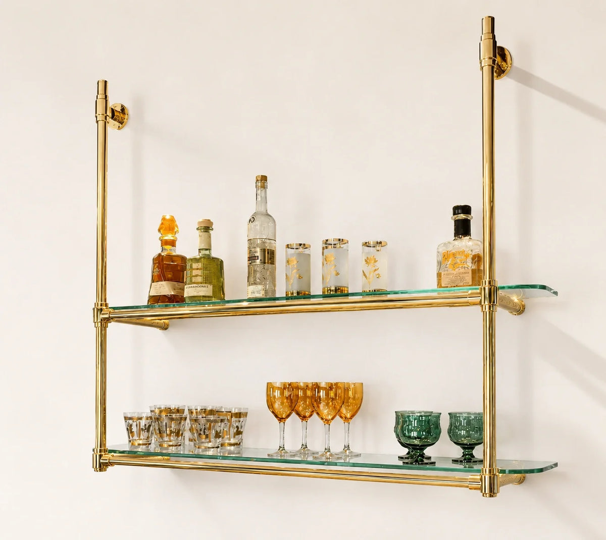 Wall Mounted Solid Brass Bistro Shelving with Glass | 60" W × 40" H × 12" D