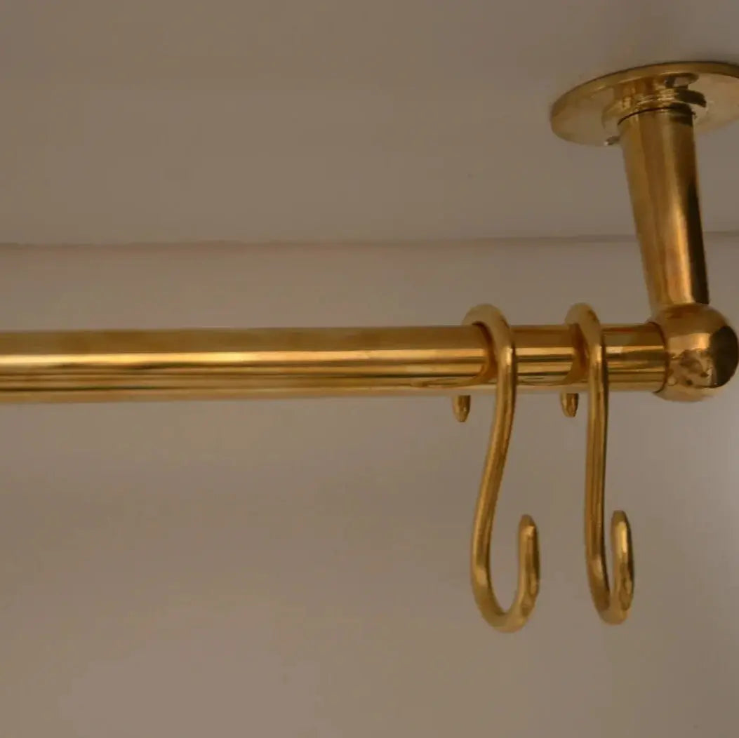 Ceiling Mounted Brass Rod with S-Hooks – Rustic Heavy Duty Hanging Bar