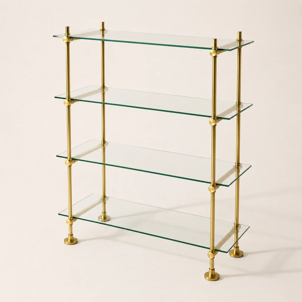 Freestanding Brass Shelving With Glass – 40" W × 50" H × 15" D, 4 Shelves