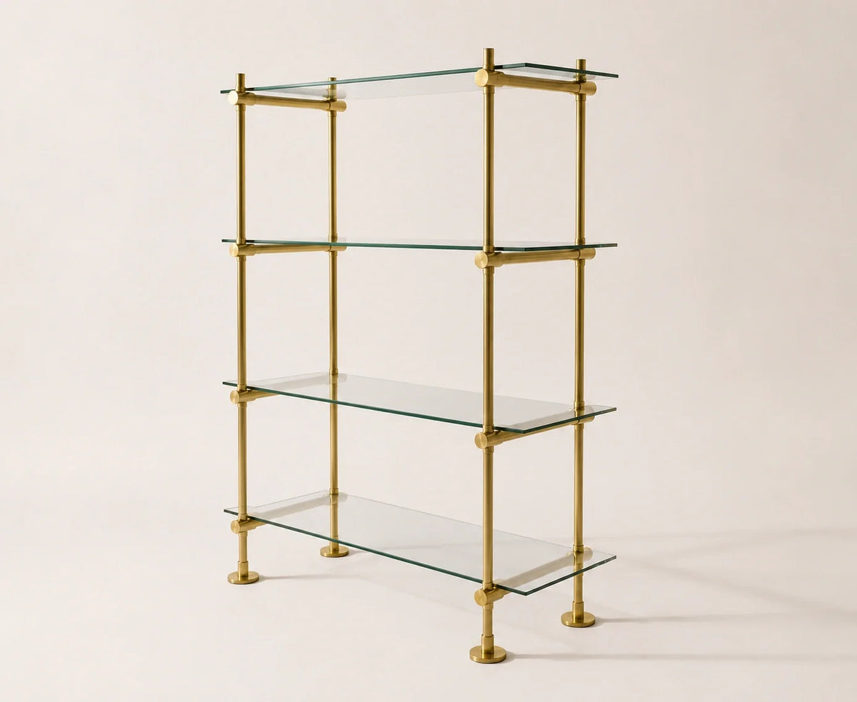Freestanding Brass Shelving With Glass – 40" W × 50" H × 15" D, 4 Shelves