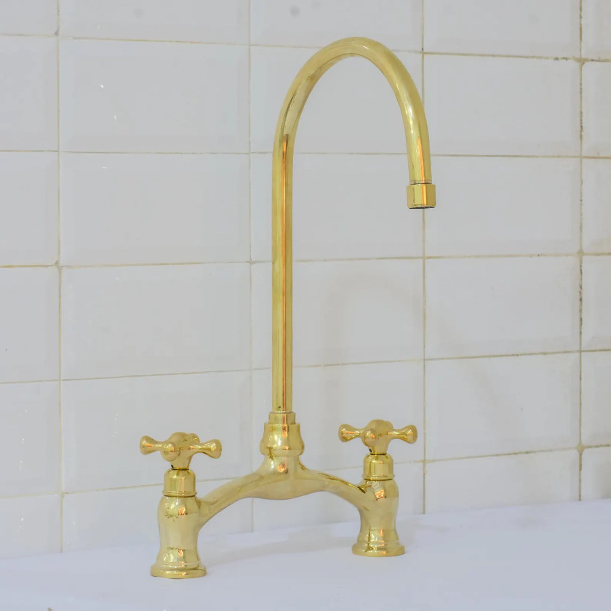 Unlacquered Brass Arched Bridge Faucet, 2-Hole Kitchen Faucet, Gooseneck Sink Faucet