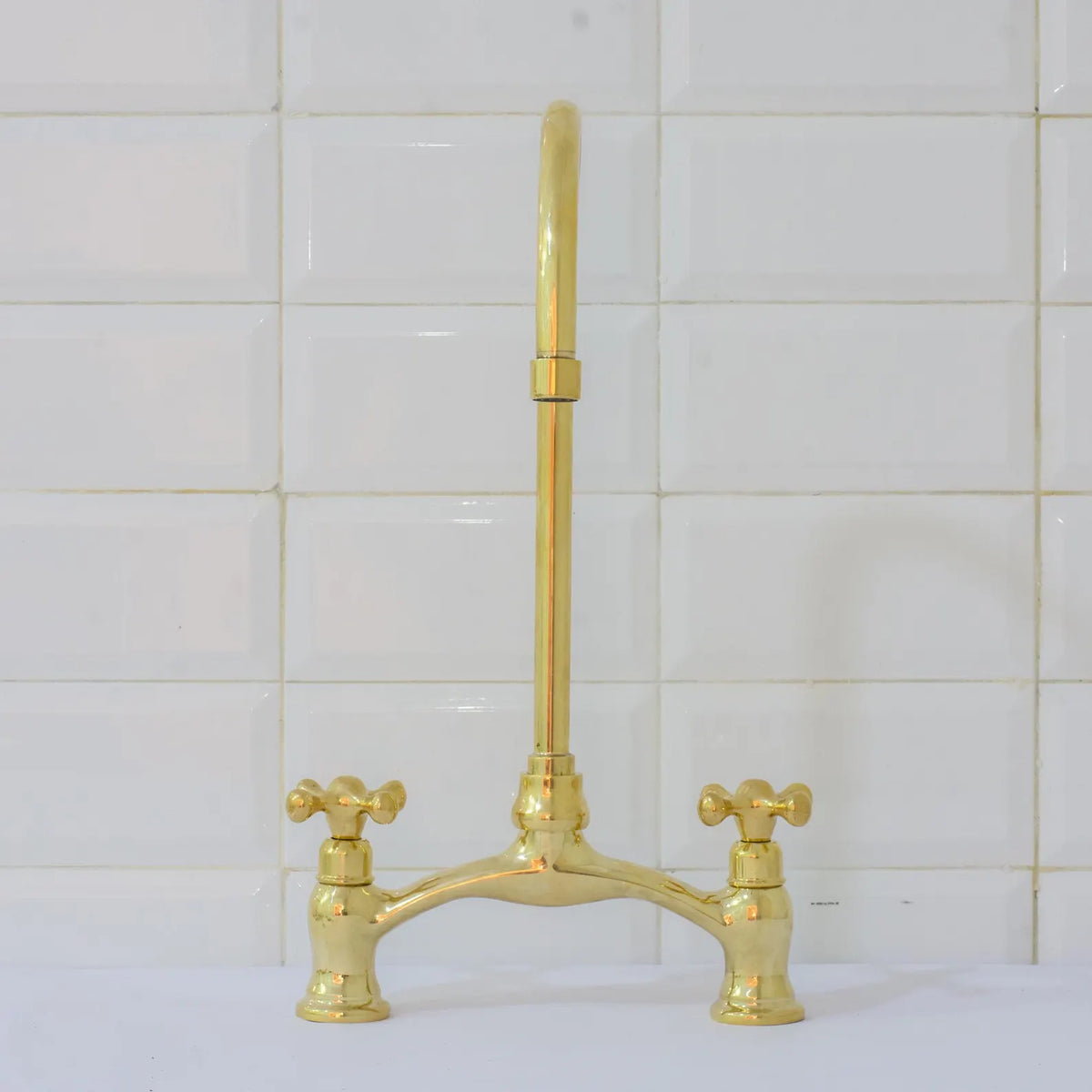 Unlacquered Brass Arched Bridge Faucet, 2-Hole Kitchen Faucet, Gooseneck Sink Faucet