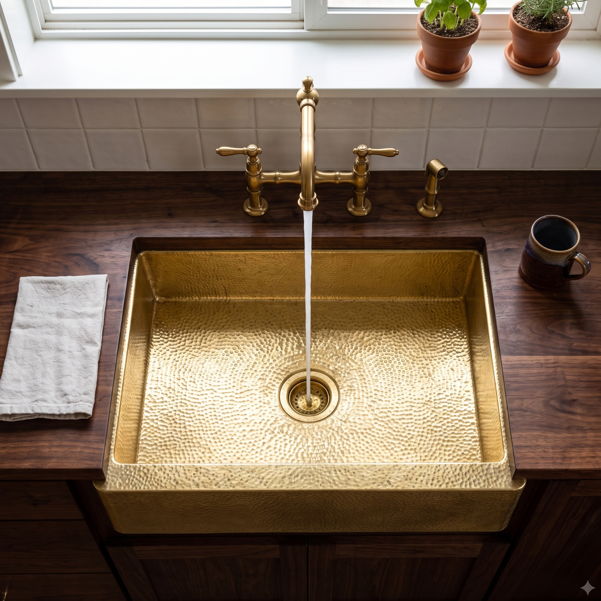 Hammered Solid Brass Farmhouse Apron Kitchen Sink, Unlacquered Handmade Luxury