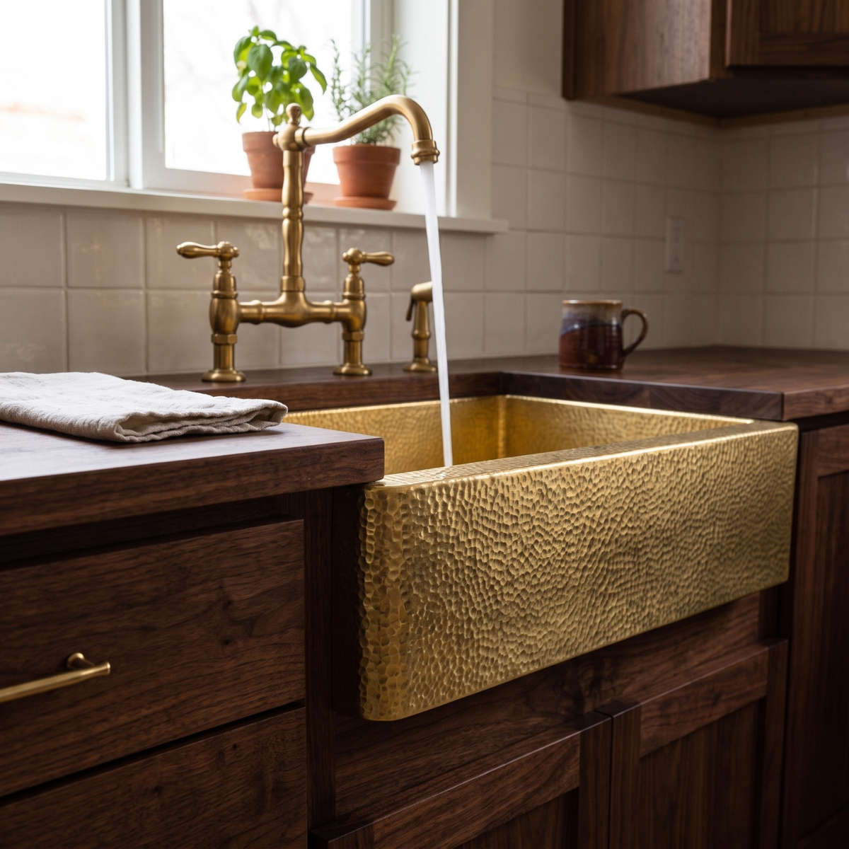 Hammered Solid Brass Farmhouse Apron Kitchen Sink, Unlacquered Handmade Luxury