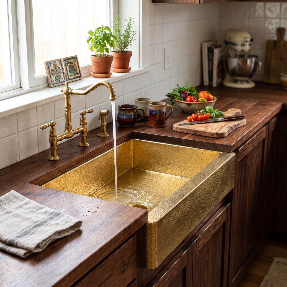 Hammered Solid Brass Farmhouse Apron Kitchen Sink, Unlacquered Handmade Luxury