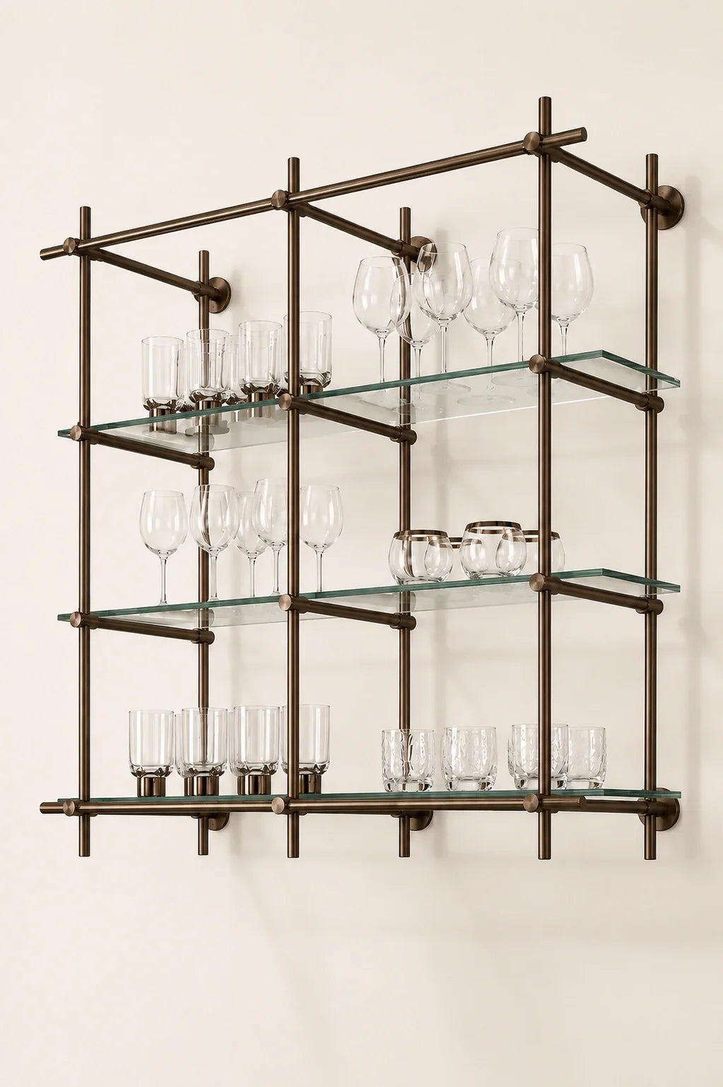 Wall-Mounted Bronze Brass Bistro Shelving with Glass, 2-Bay – 50” Wide