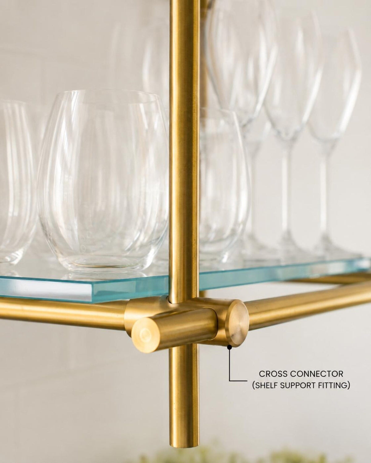 Ceiling Mounted Brass Bistro Shelving with Glass Shelves, 15" Deep Kitchen Shelf | Wine Display & Coffee Bar Shelf