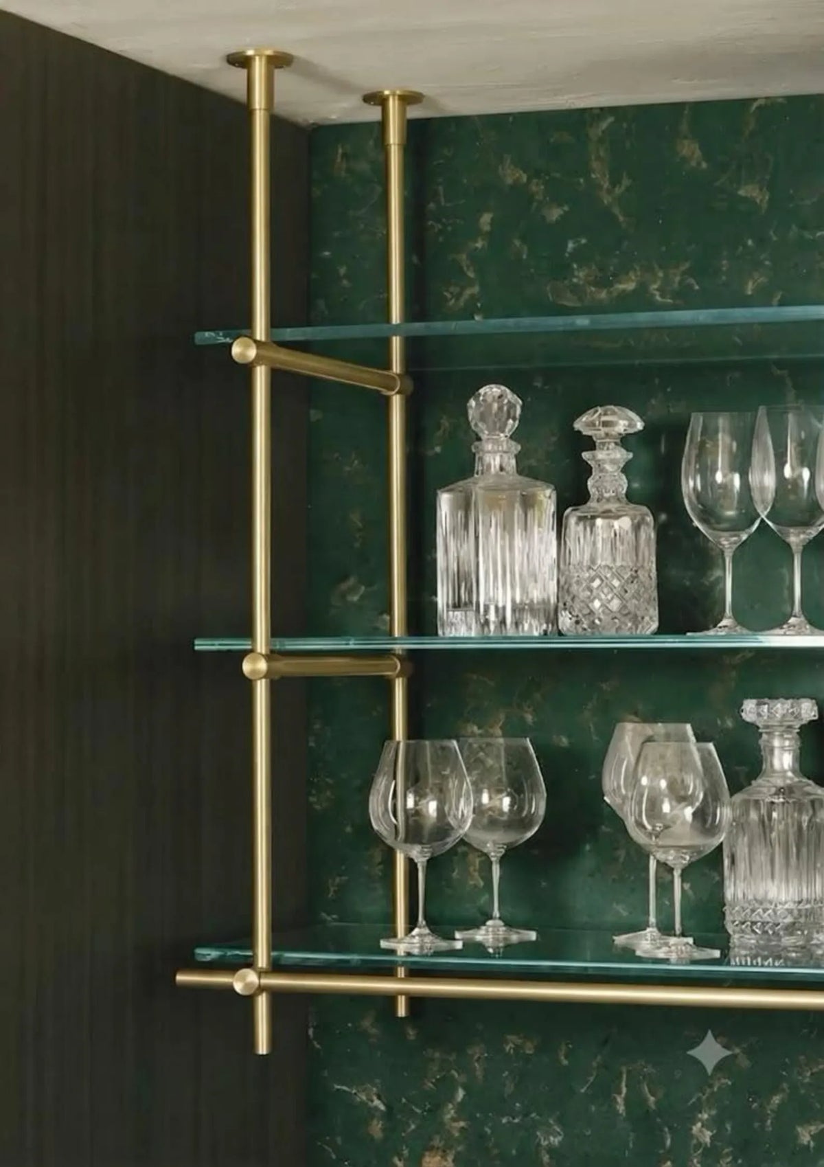 Ceiling Mounted Brass Bistro Shelving with Glass Shelves, 15" Deep Kitchen Shelf | Wine Display & Coffee Bar Shelf