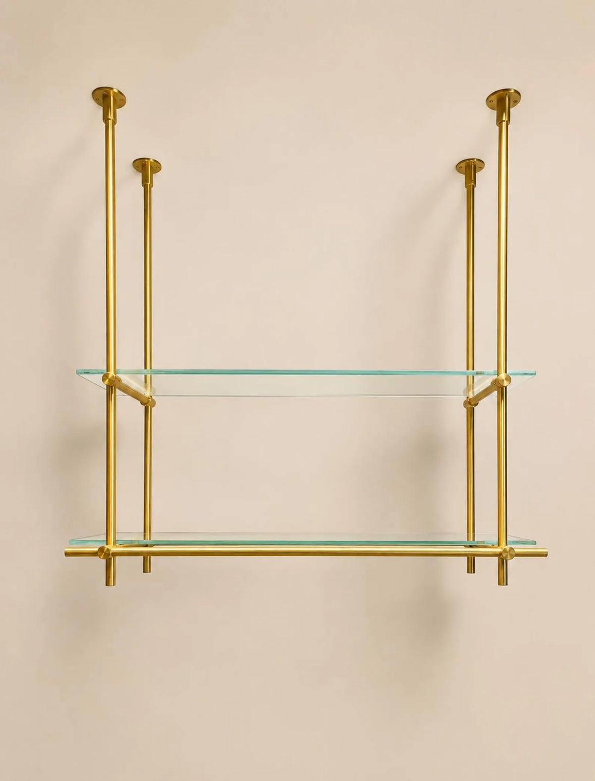 Ceiling Mounted Brass Bistro Shelving with Glass Shelves, 15" Deep Kitchen Shelf | Wine Display & Coffee Bar Shelf
