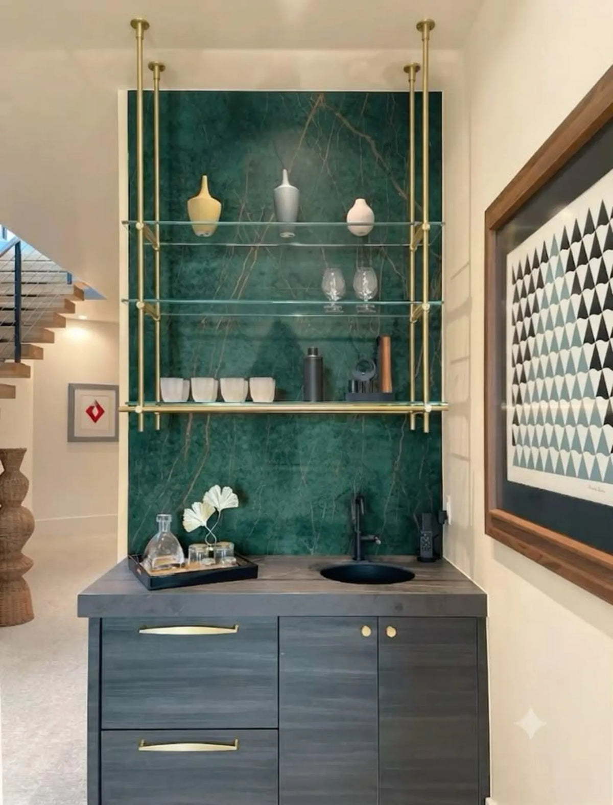 Ceiling Mounted Brass Bistro Shelving with Glass Shelves, 15" Deep Kitchen Shelf | Wine Display & Coffee Bar Shelf