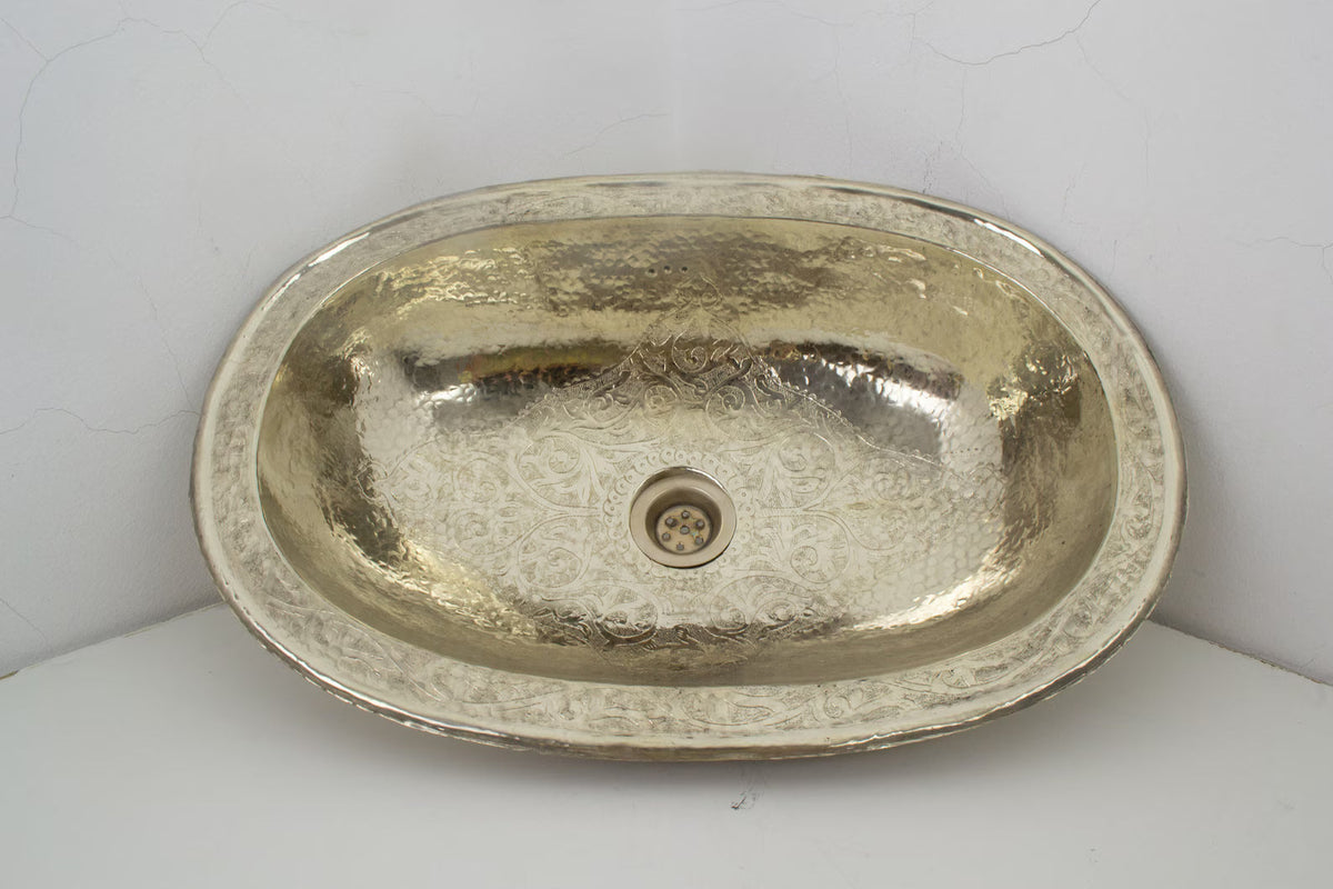 Engraved German Silver Sink, Moroccan Drop In Bathroom Vanity Sink (17.8”x11”)