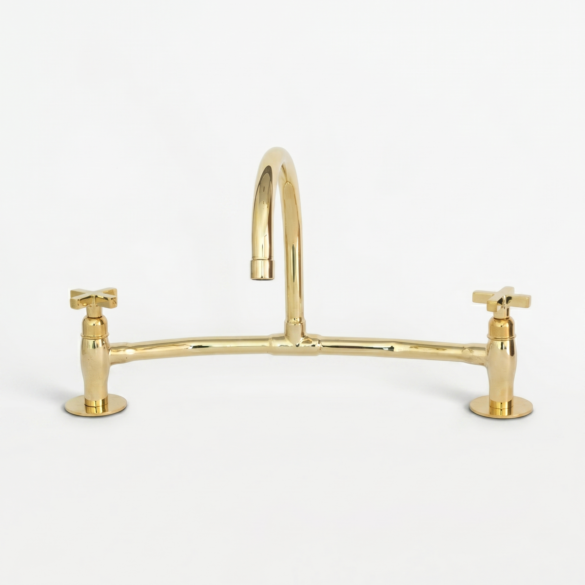 Unlacquered Brass Bridge Faucet, High Arc Gooseneck Sink Mixer with Cross Handles, Vintage Gold Deck Mount Tap