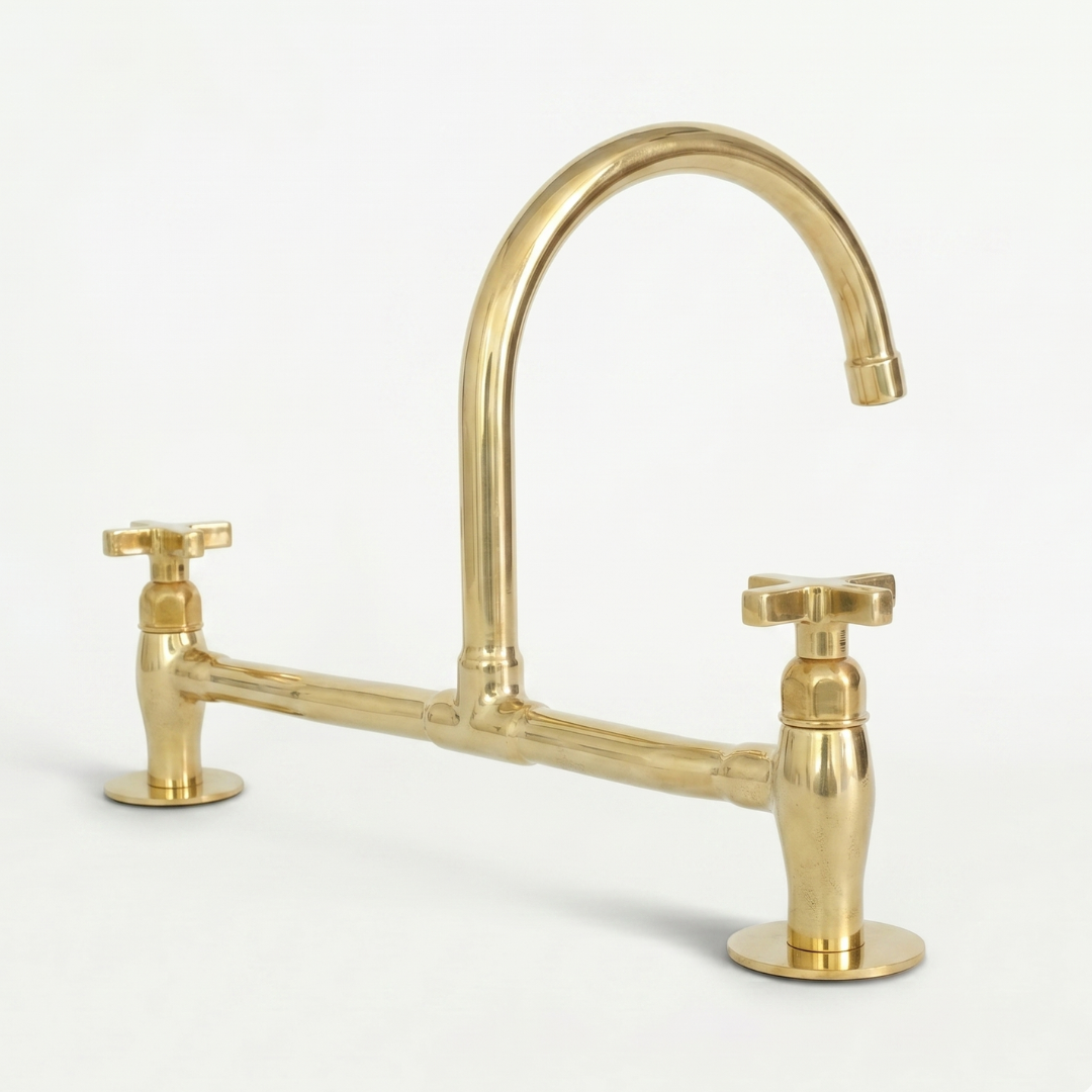 Unlacquered Brass Bridge Faucet, High Arc Gooseneck Sink Mixer with Cross Handles, Vintage Gold Deck Mount Tap