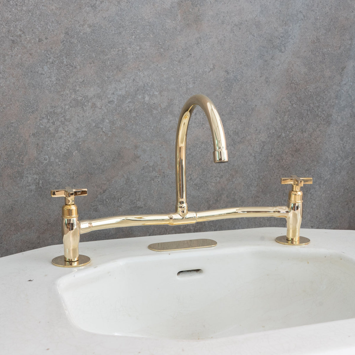 Unlacquered Brass Bridge Faucet, High Arc Gooseneck Sink Mixer with Cross Handles, Vintage Gold Deck Mount Tap