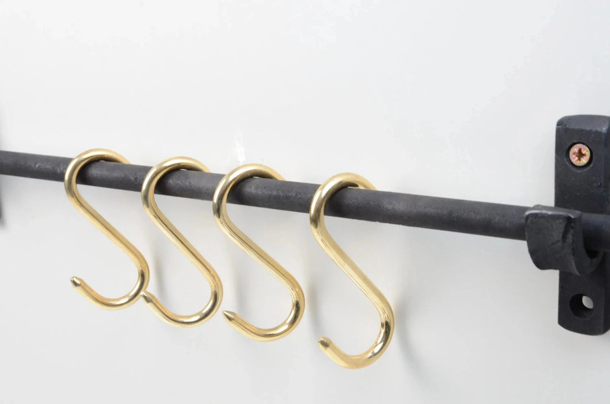 Iron Pot Rail With Brass S-Hooks For Kitchen Storage