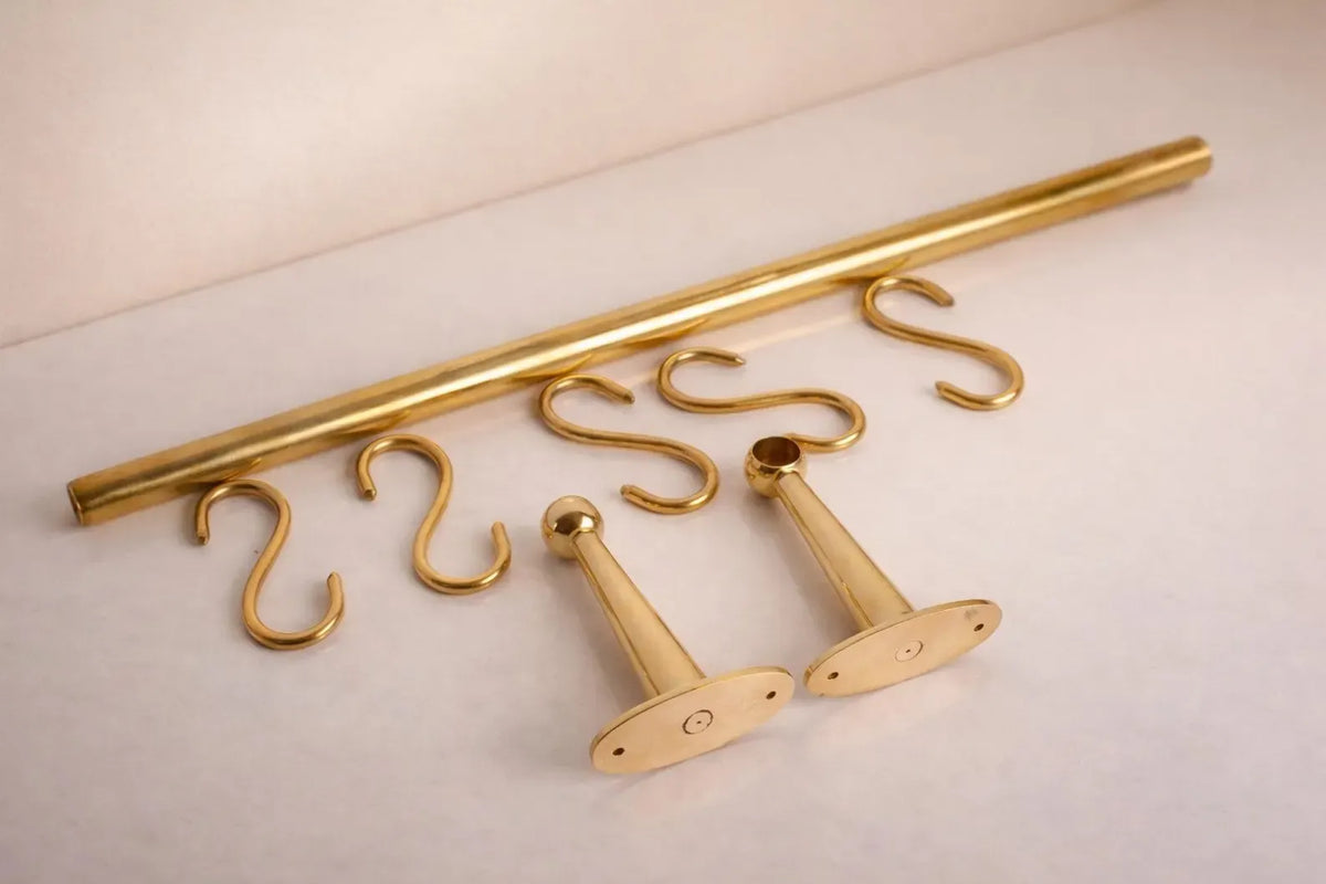 Solid Brass Wall-Mounted Pot Rack with S Hooks – 16 mm Rod – Polished Brass Finish
