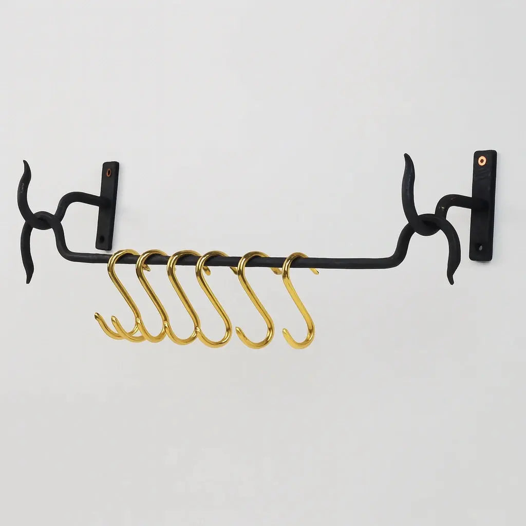 Wrought Iron Pot Rack – Wall Rail with Brass Hooks
