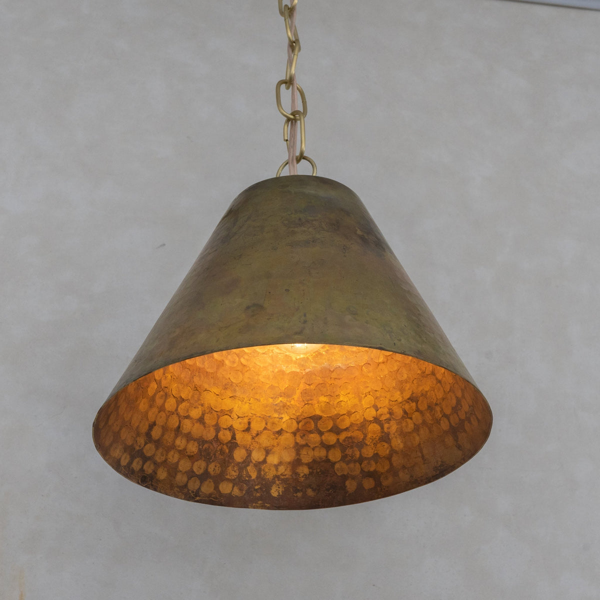 Aged Brass Cone Pendant Light - Industrial Hand-Hammered Tapered Lamp