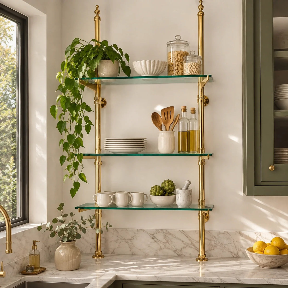 Solid Brass Bistro Shelving with Glass Shelves 40" W × 50" H × 10" D with 3 Shelves