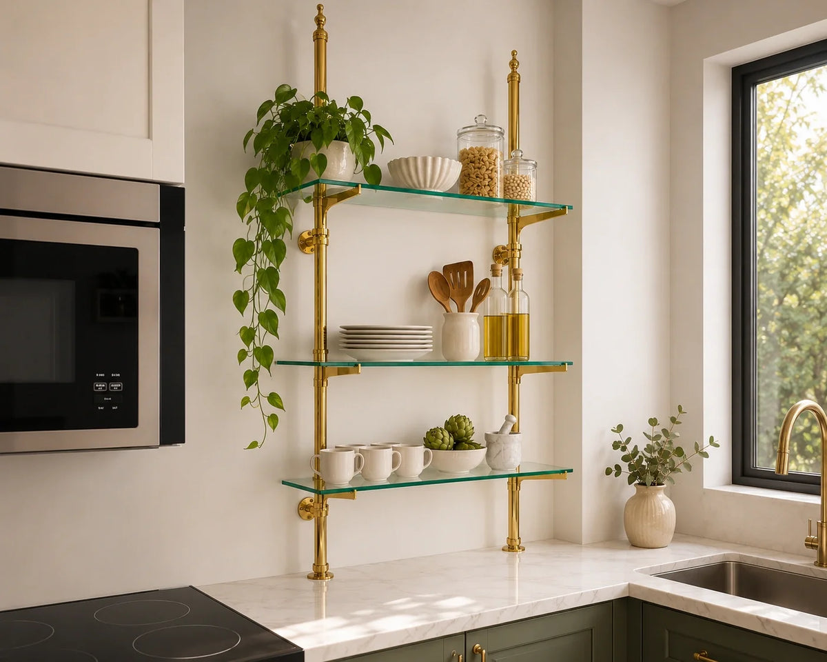 Solid Brass Bistro Shelving with Glass Shelves 40" W × 50" H × 10" D with 3 Shelves