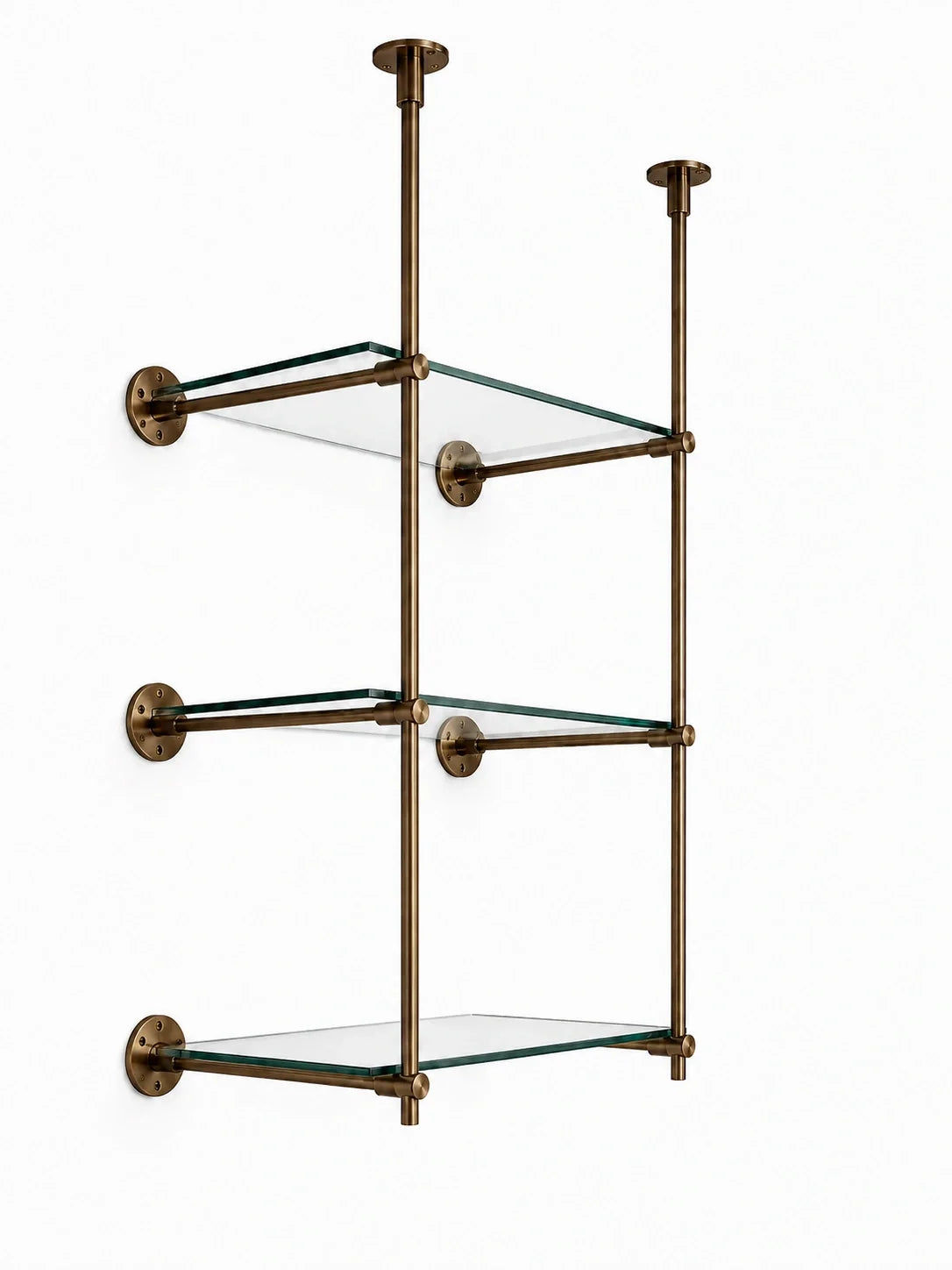 Ceiling And Wall Mounted Bronze Bistro Shelving | Solid Brass & Glass Display Shelves