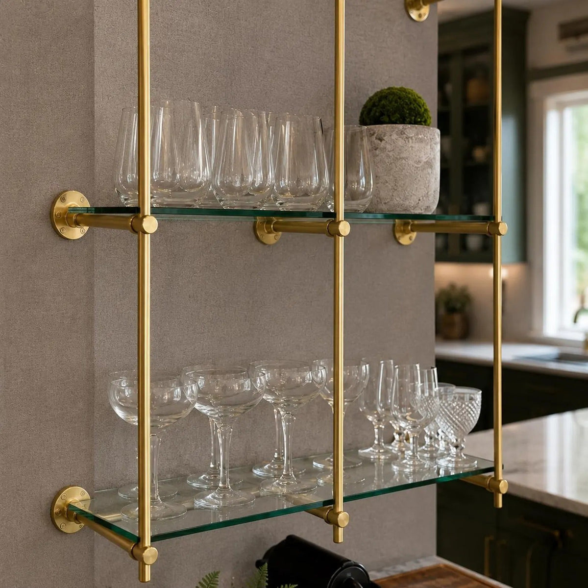 Ceiling And Wall Mounted Shelving, Kitchen Display Shelving | Handmade Unlacquered Brass Shelving
