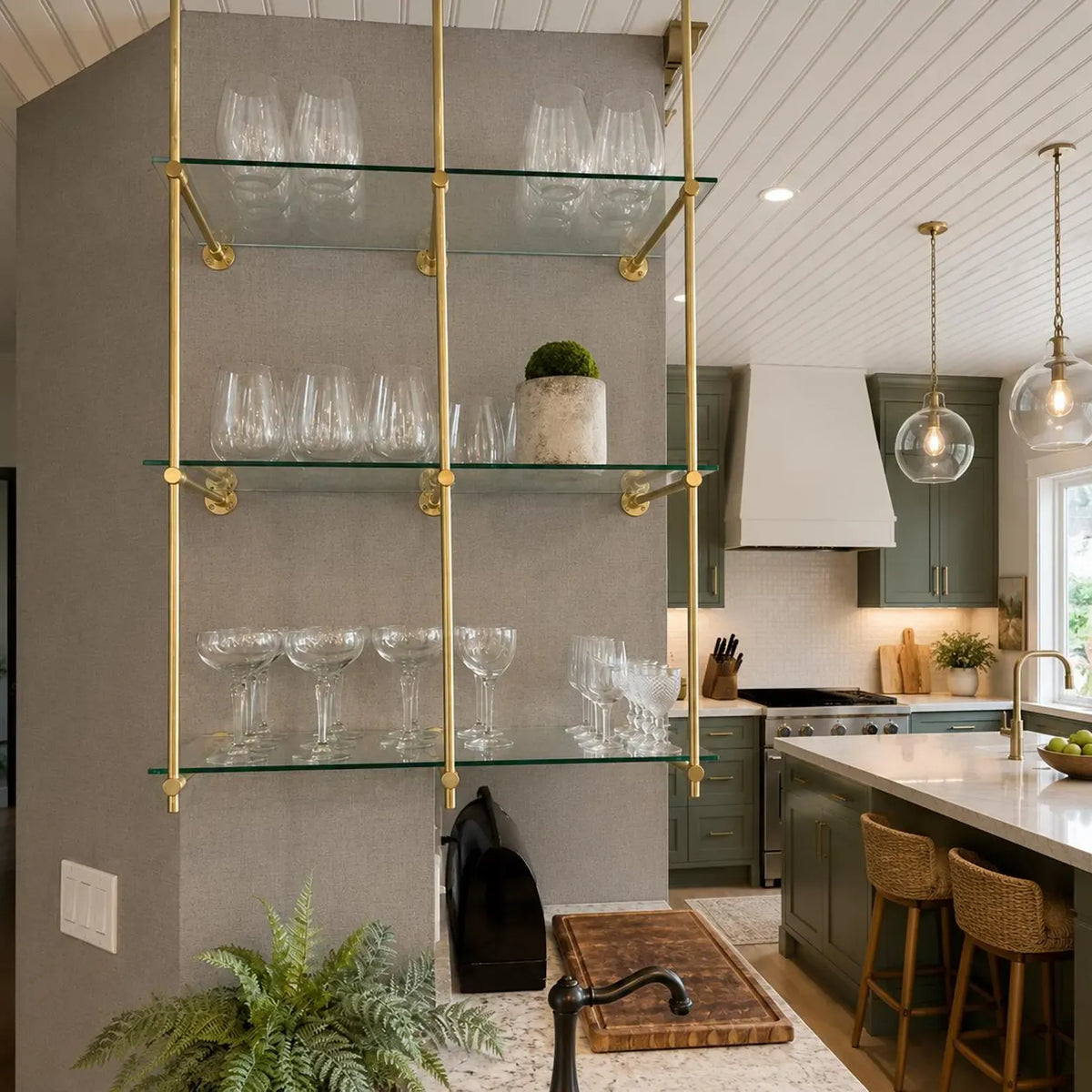 Ceiling And Wall Mounted Shelving, Kitchen Display Shelving | Handmade Unlacquered Brass Shelving