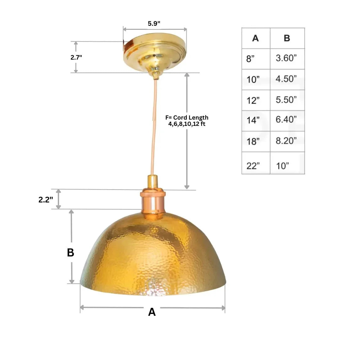 Hammered Brass Pendant Light, Unlacquered Brass Dome Lampshade, Kitchen Island Light