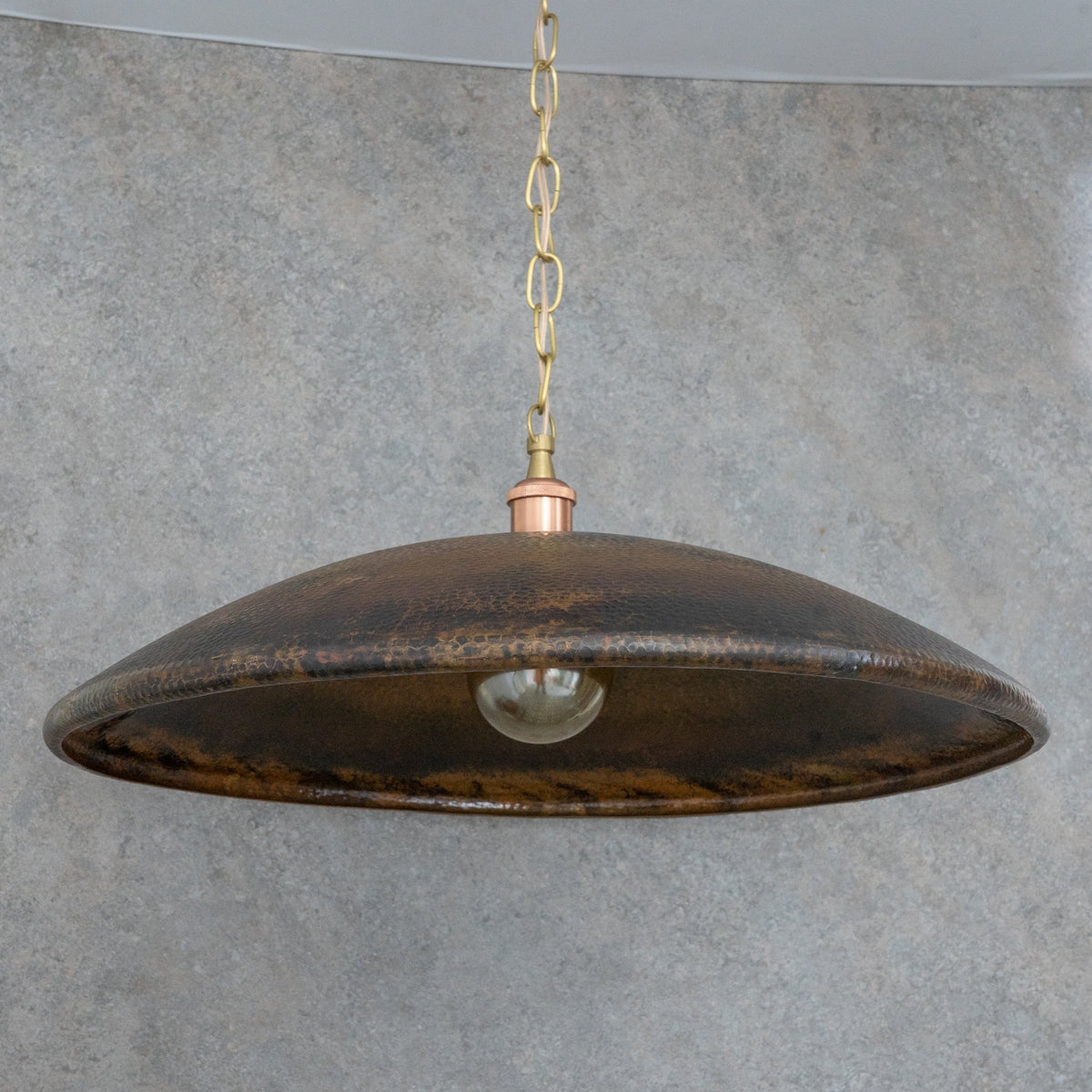 Handcrafted Wide Saucer Pendant Light | Wide Hammered Rustic Copper