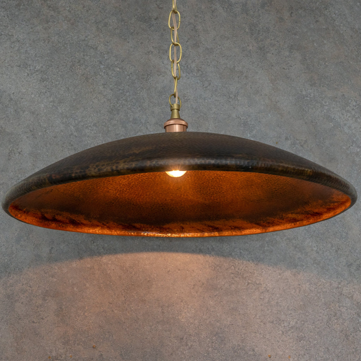 Handcrafted Wide Saucer Pendant Light | Wide Hammered Rustic Copper