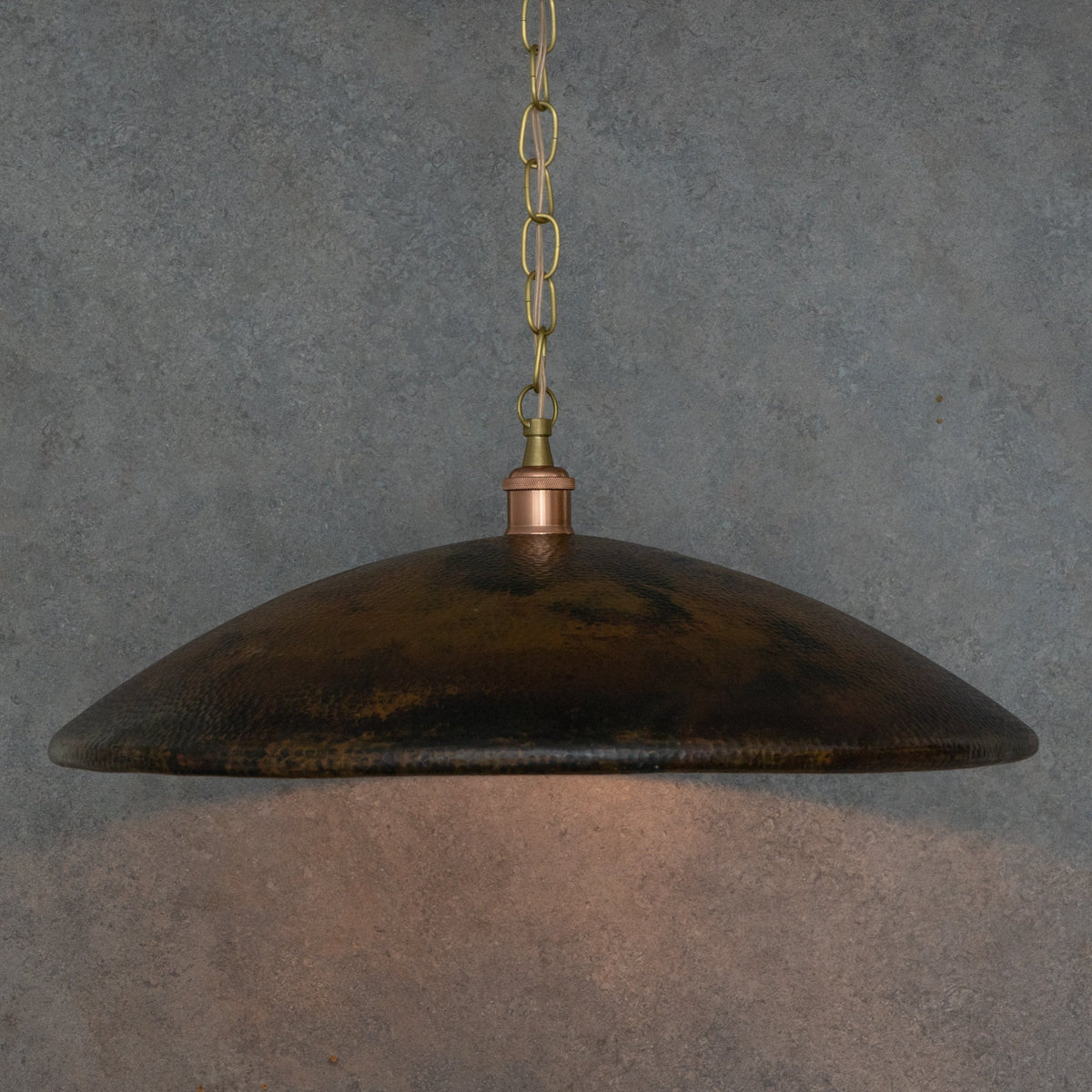 Handcrafted Wide Saucer Pendant Light | Wide Hammered Rustic Copper
