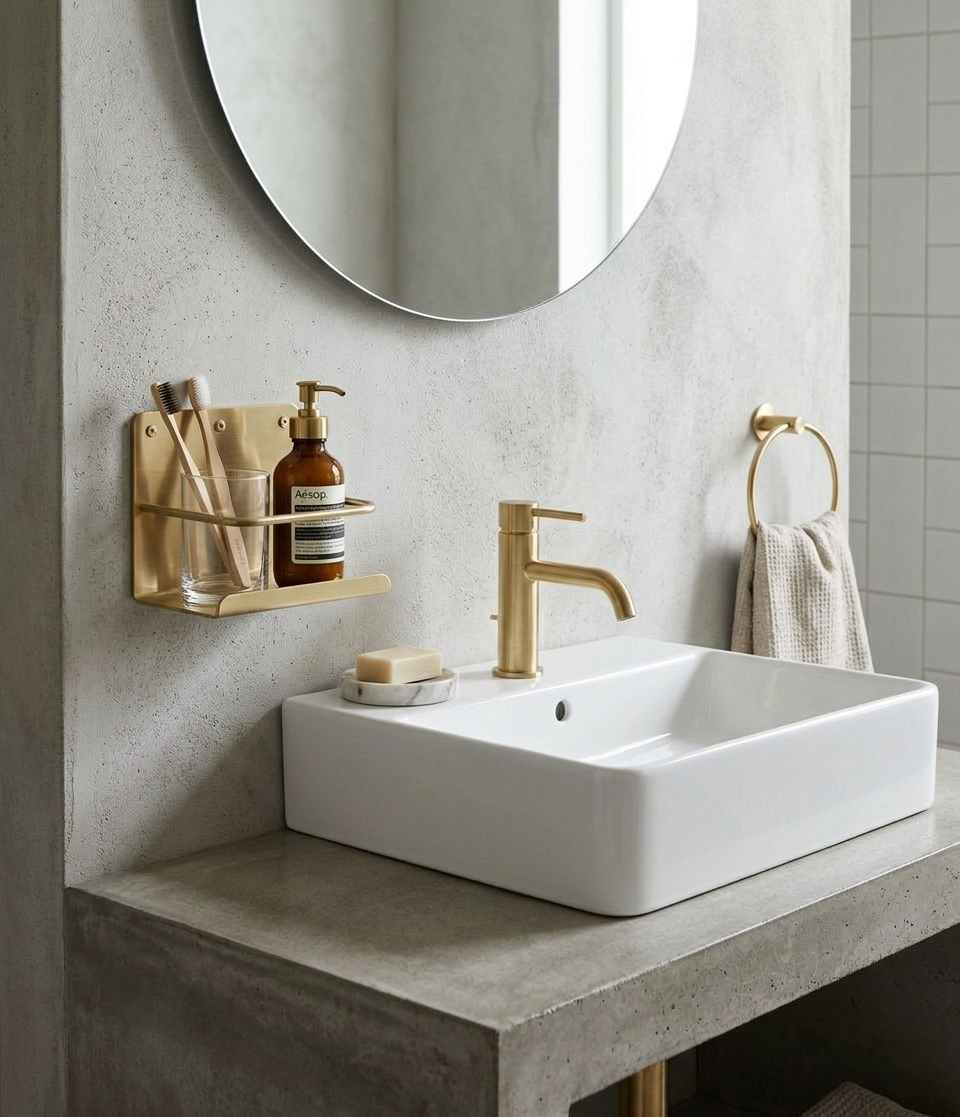 Solid Brass Wall-Mounted Bathroom Caddy & Vanity Shelf