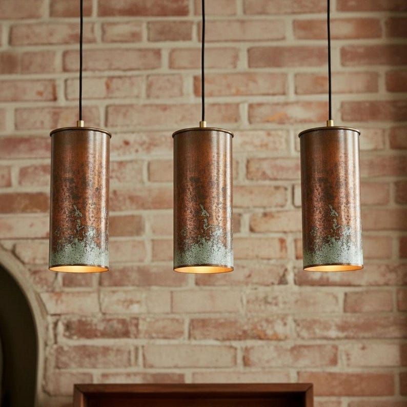 Tall Aged Copper Cylinder Pendant – Handmade Rustic Patina Light