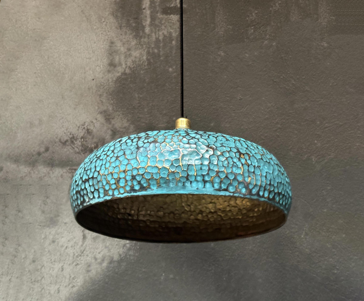 Blue Patina Brass Pendant Light , Hammered Blue Kitchen Island Lighting