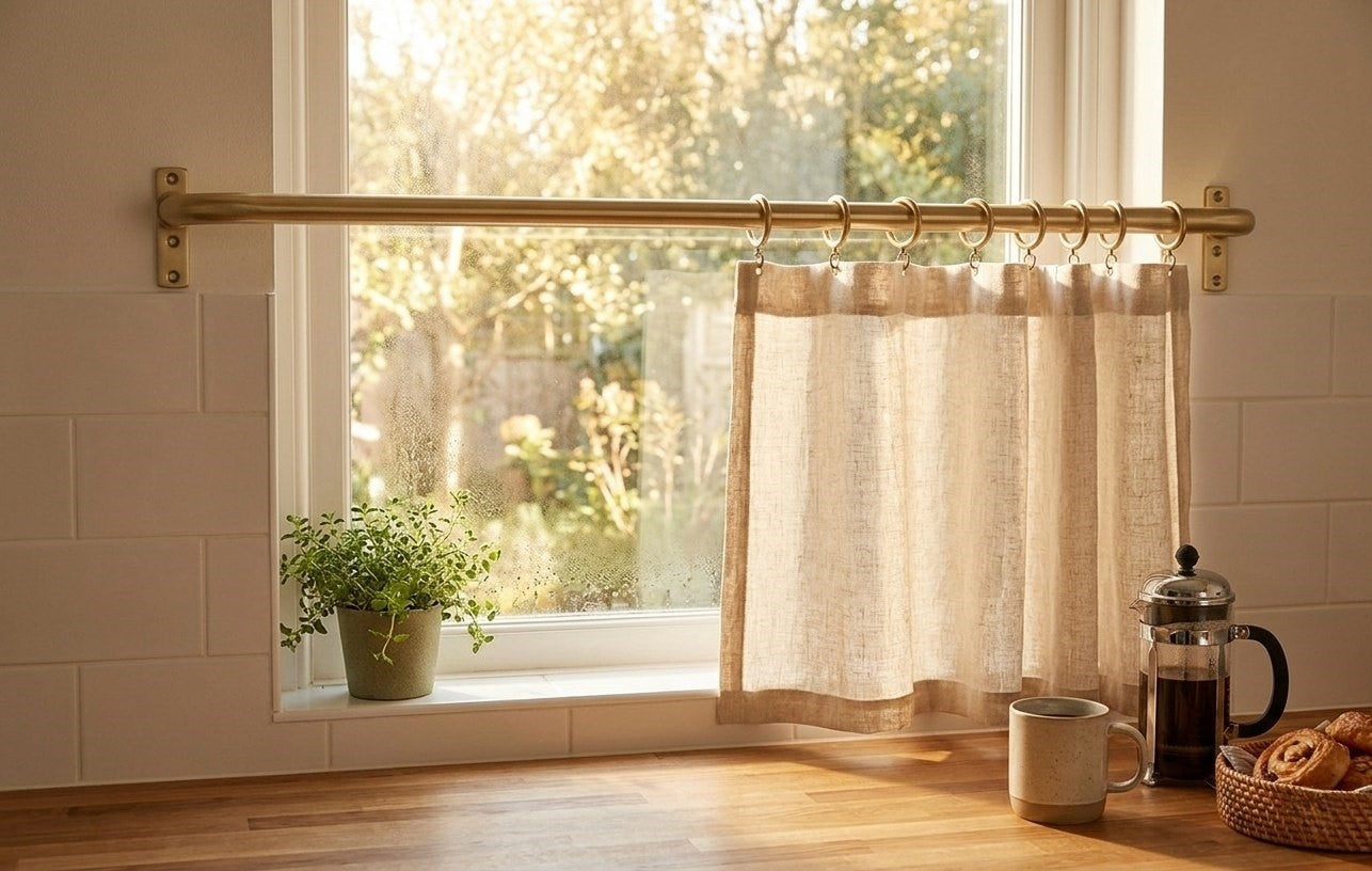 Unlacquered Brass Cafe Curtain Rod with Curved French Return & Eyelet Rings
