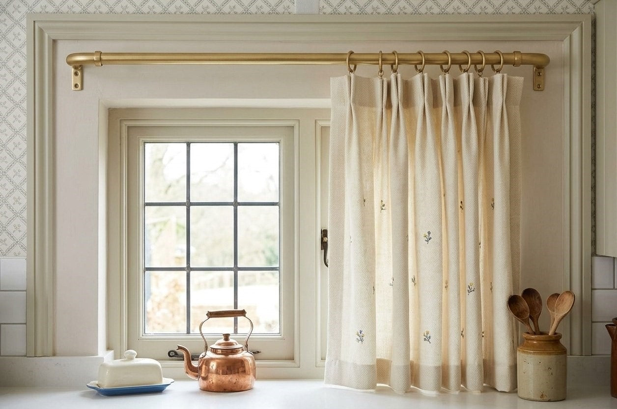 Unlacquered Brass Cafe Curtain Rod with Curved French Return & Eyelet Rings
