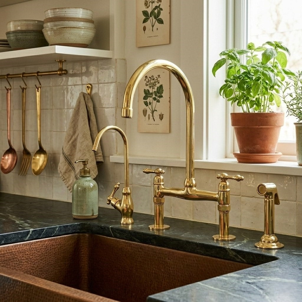 Unlacquered Brass Kitchen Faucet Set - Bridge Faucet, Cold Water Tap & Sprayer