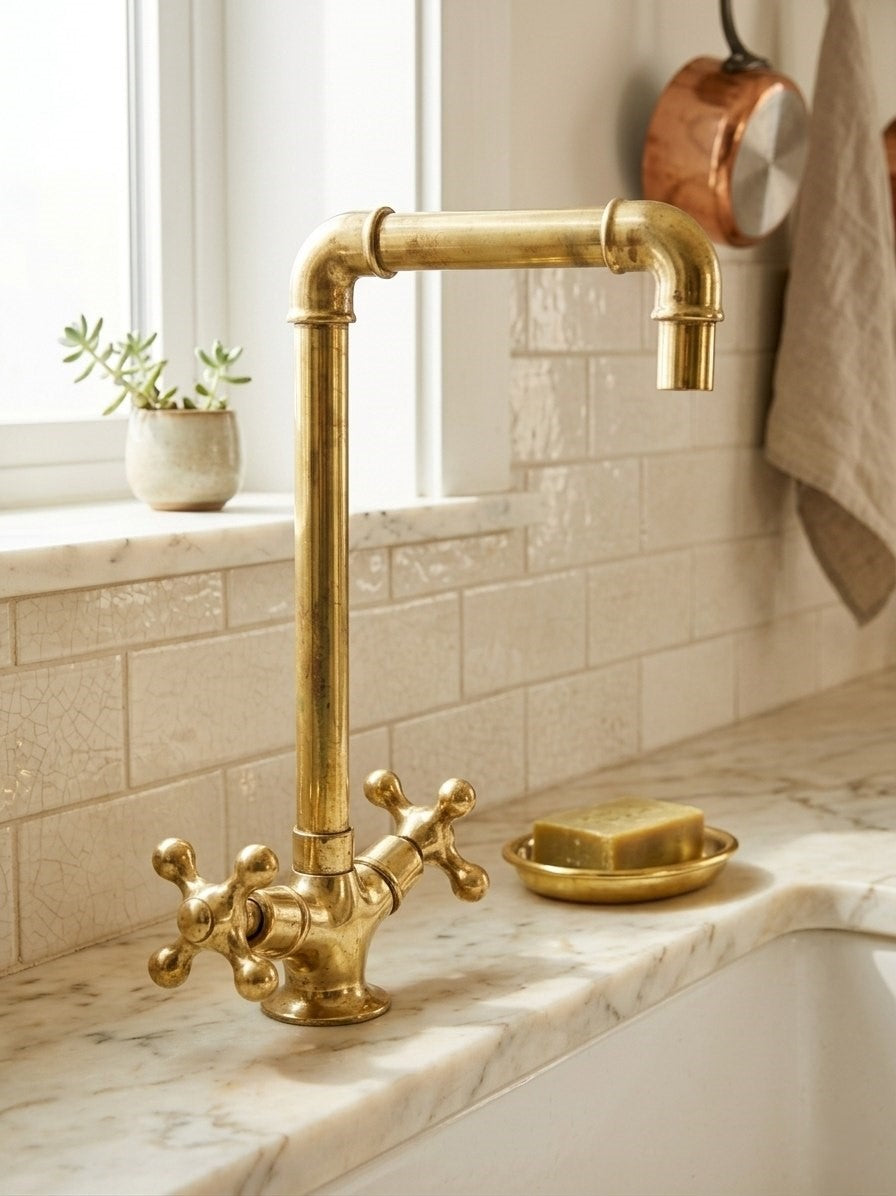 Unlacquered Brass Kitchen Bridge Faucet with Cross Handles – Hand-Finished Heavy Duty Spout Faucet