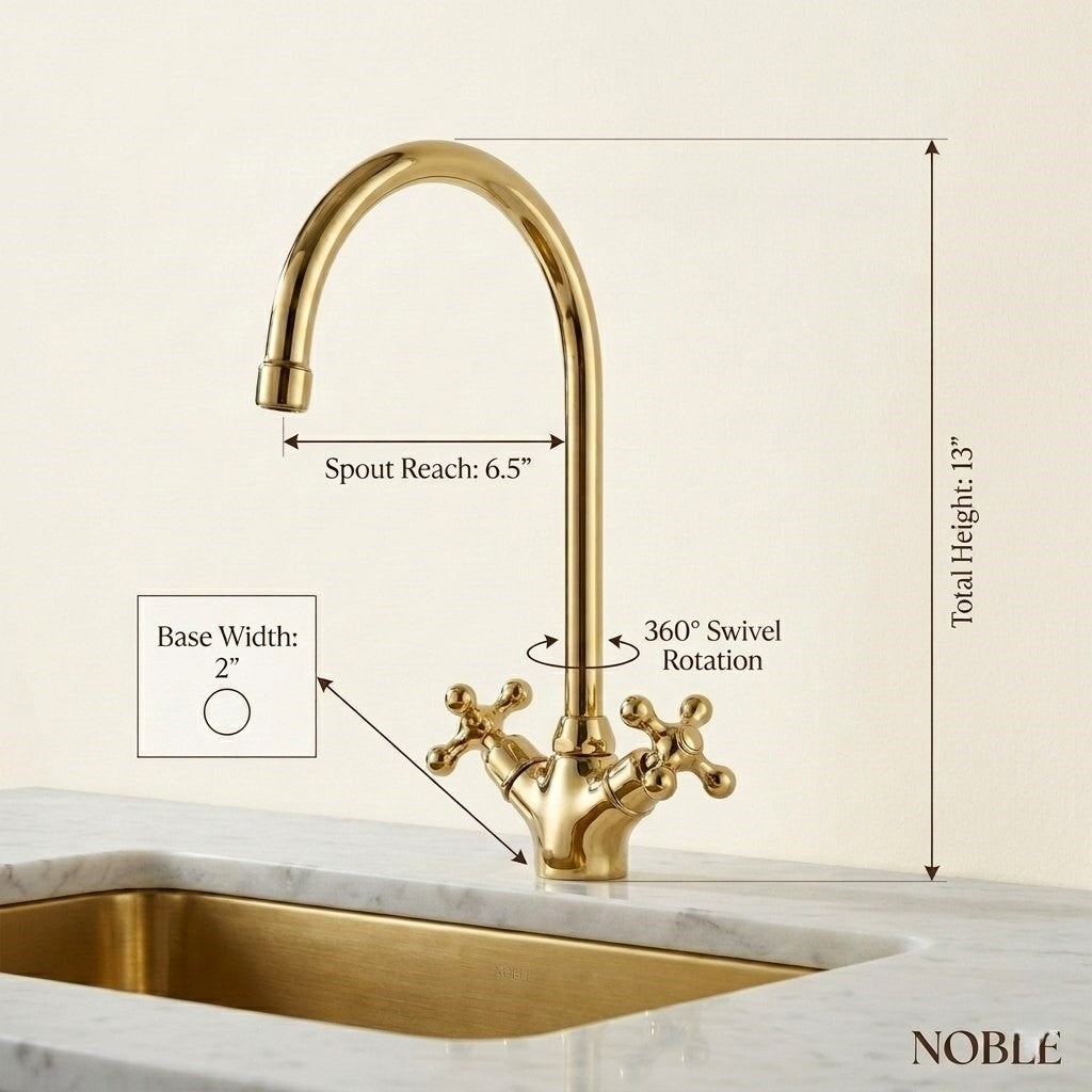 Unlacquered Brass Kitchen Faucet – High-Arch 360° Swivel Mixer Tap with Dual Cross Handle