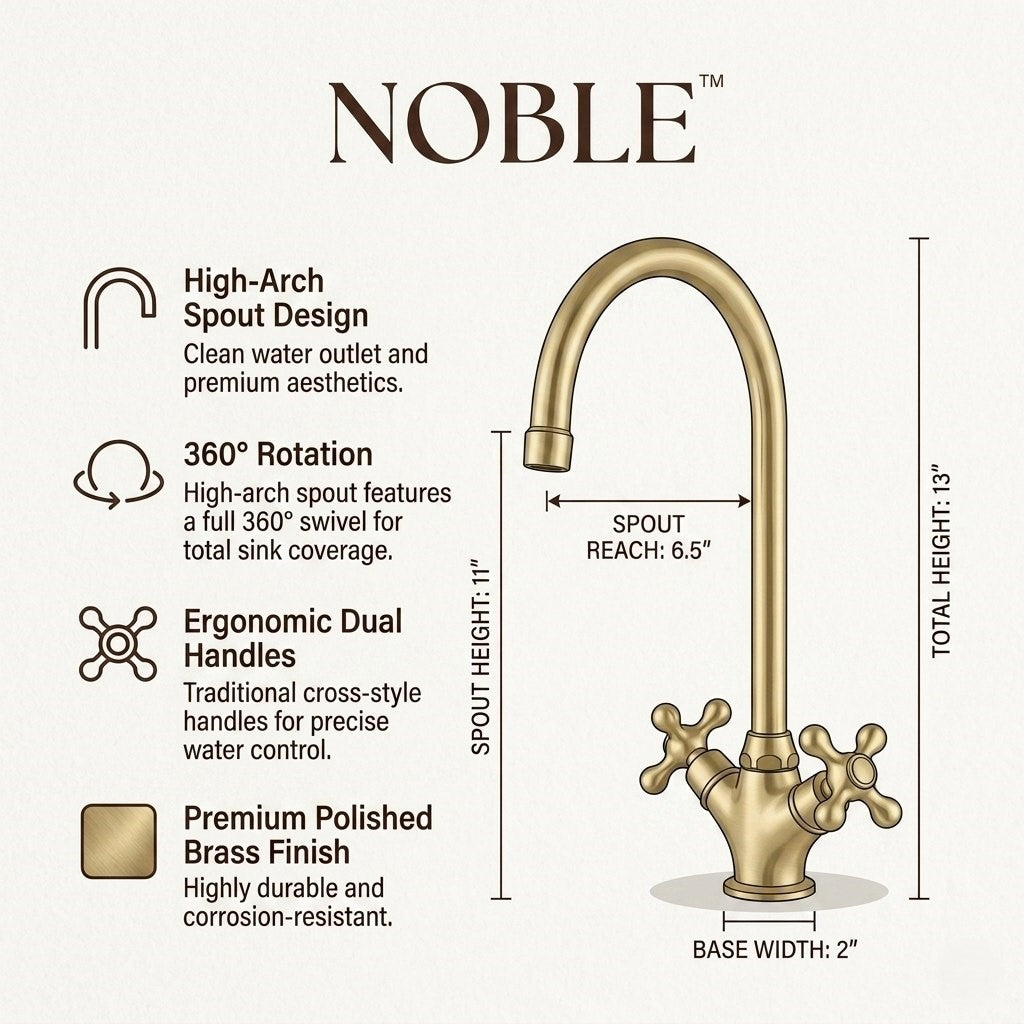 Unlacquered Brass Kitchen Faucet – High-Arch 360° Swivel Mixer Tap with Dual Cross Handle