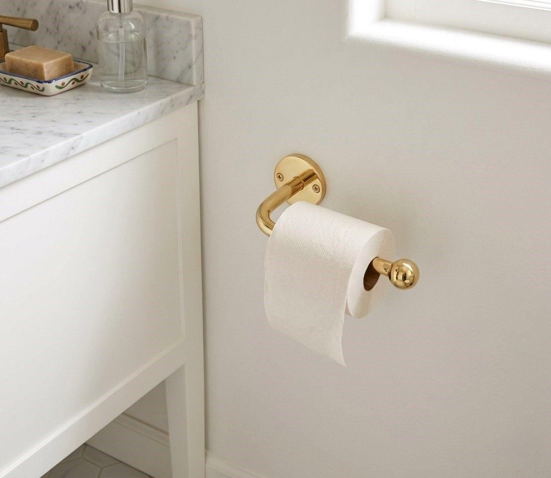 Solid Brass Toilet Paper Holder - Hand-Finished Ball End Paper Roll Holder
