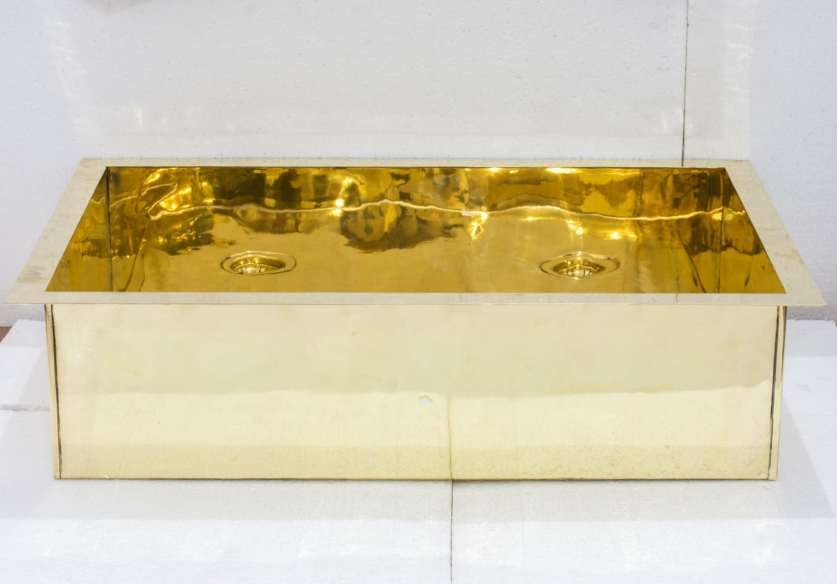 Smooth Unlacquered Brass Farmhouse Kitchen Sink | Double Drain