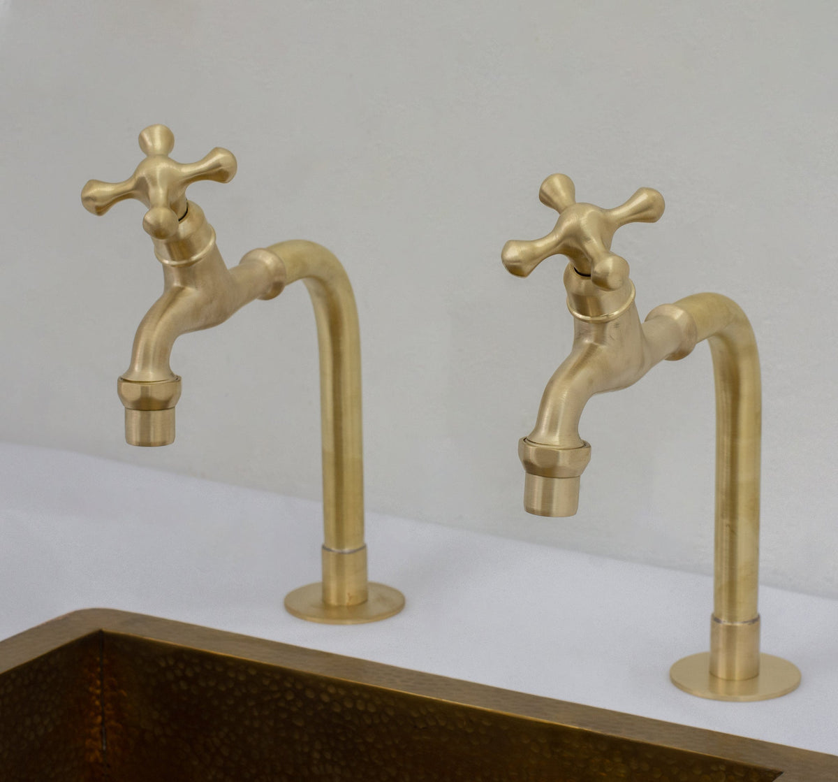 Solid Brass Deck-Mount Kitchen Bib Taps – Double Pillar Faucet Set for Hot & Cold Water