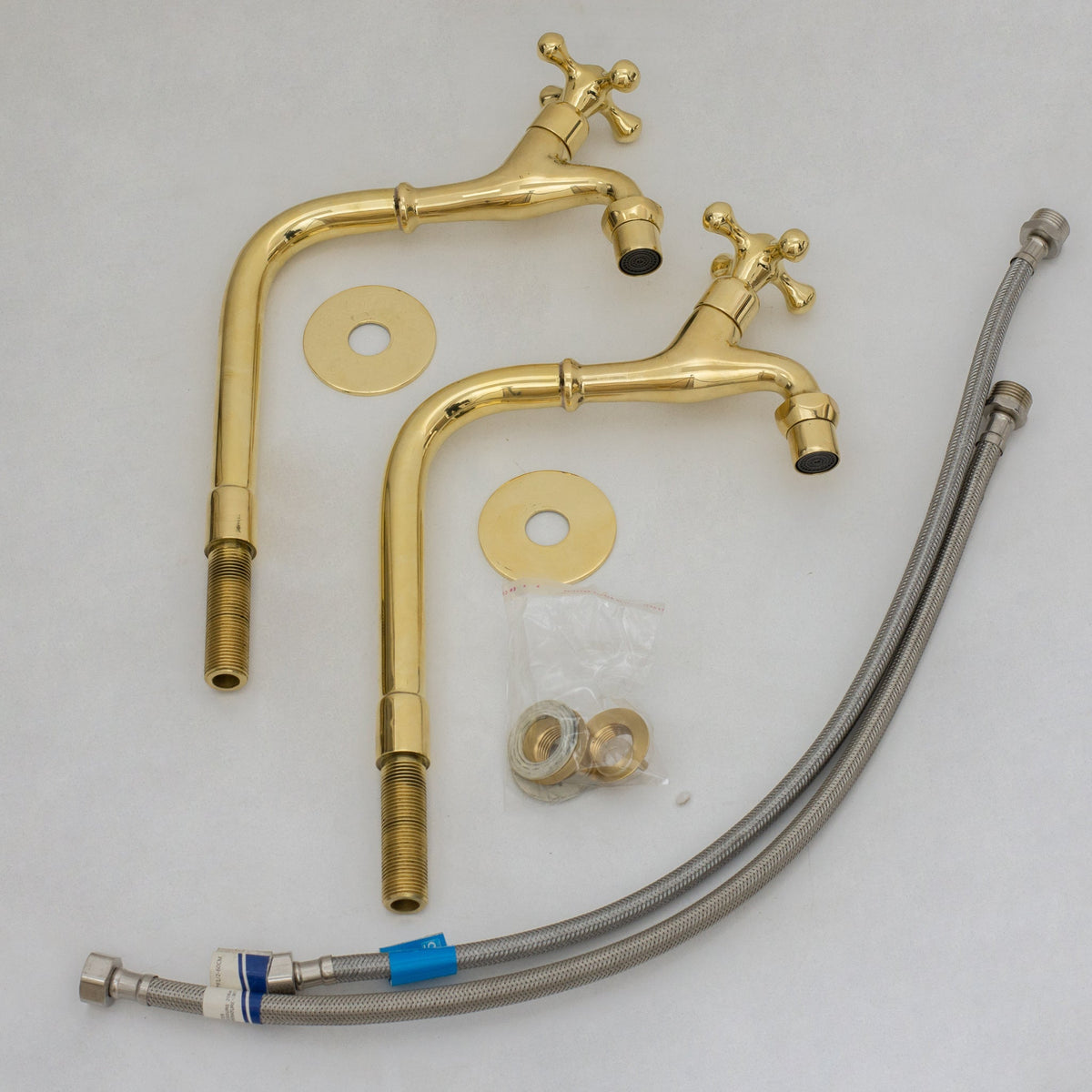 Solid Brass Deck-Mount Kitchen Bib Taps – Double Pillar Faucet Set for Hot & Cold Water